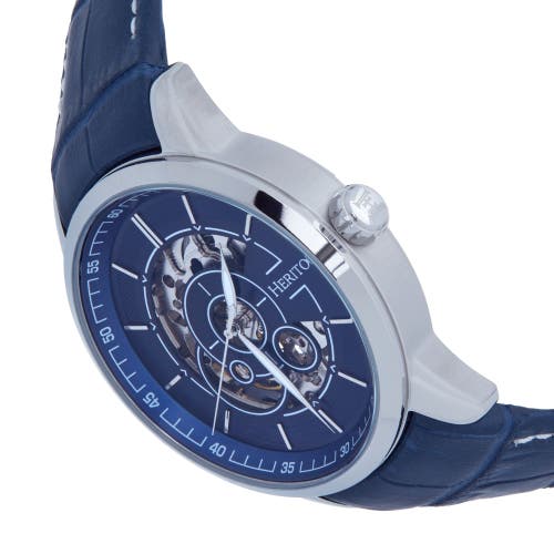 Heritor Automatic Davies Semi-skeleton Leather Band Watch In Silver/navy
