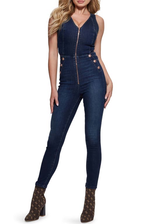 Reina Back Cutout Sleeveless Denim Jumpsuit in Plume Dark