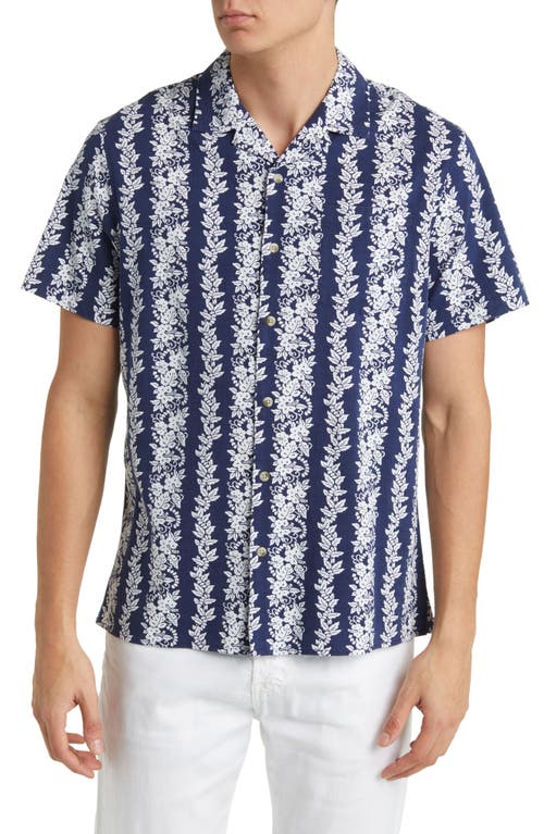 The Casablanca Floral Stretch Organic Cotton Blend Short Sleeve Button-Up Shirt in Navy Tropical Bandana