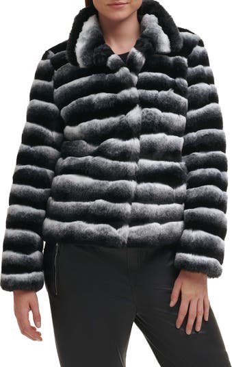 Karl Lagerfeld Paris Funnel Neck Faux Fur Short Jacket, Womens, XL, Black/White