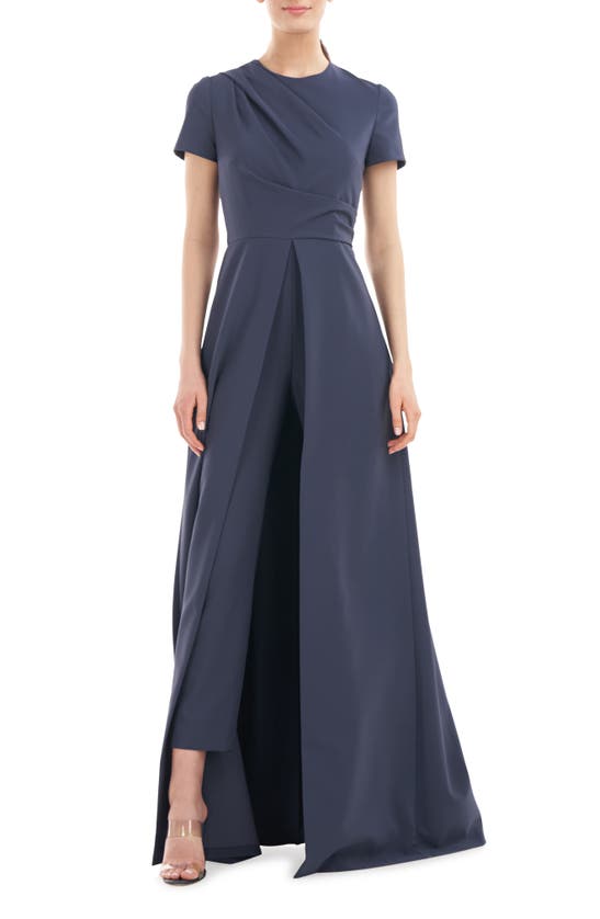 Kay Unger Pleated Short-sleeve Crepe Walk-thru Jumpsuit In Slate | ModeSens