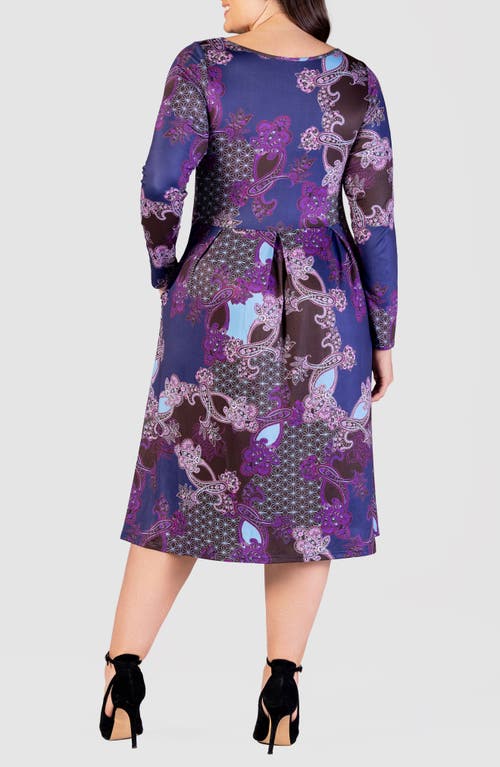 Shop 24seven Comfort Apparel Paisley Fit & Flare Long Sleeve Jersey Midi Dress In Purple Multi