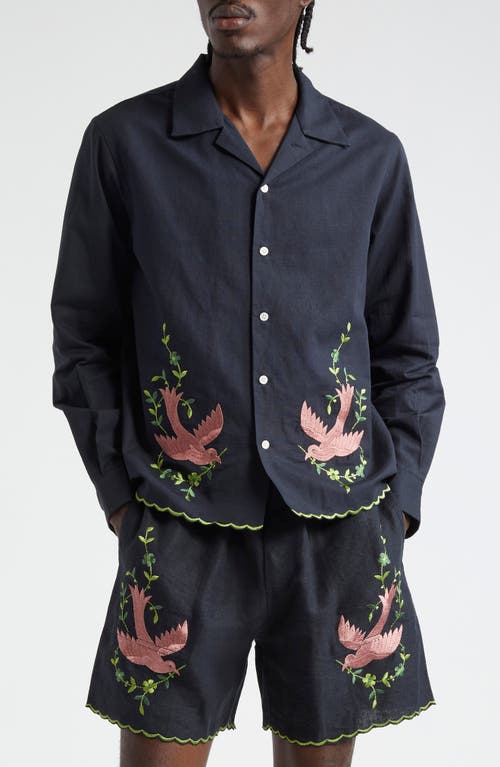 Bode Rosefinch Linen Long Sleeve Button-Up Shirt Black at Nordstrom,