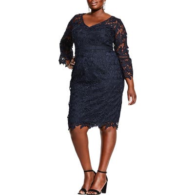 Plus Size City Chic Three-Quarter Sleeve Cocktail Dress, Blue