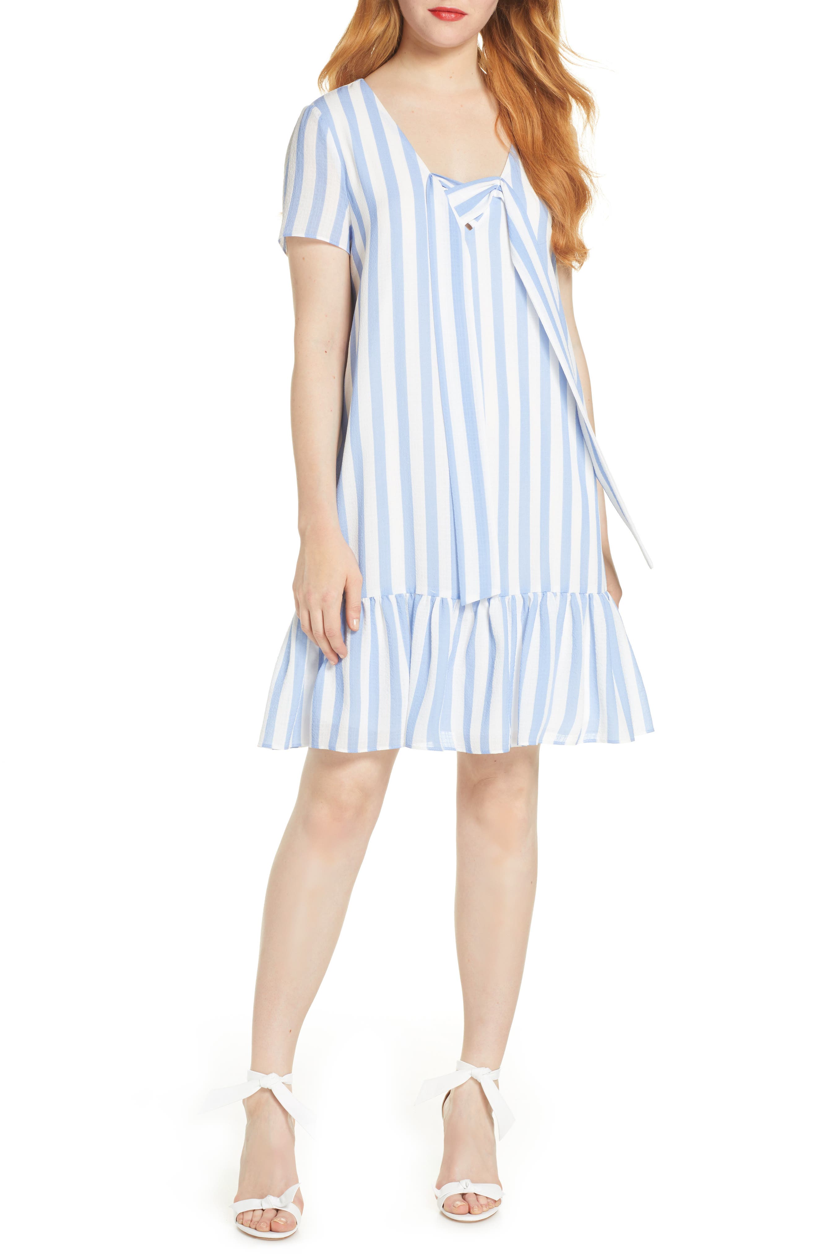 Avec Les Filles Lace Up Stripe Shift Dress, Blue
