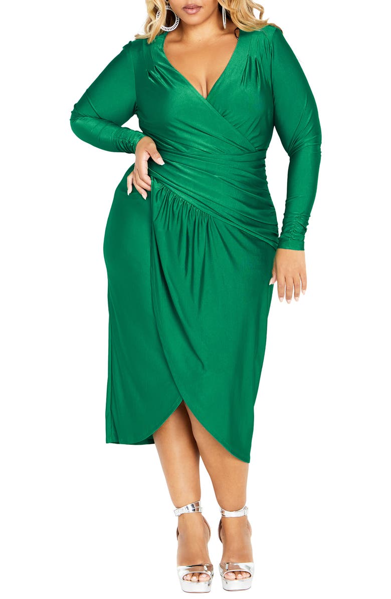 City Chic Marissa Ruched Long Sleeve Midi Dress, Main, color, Greenstone