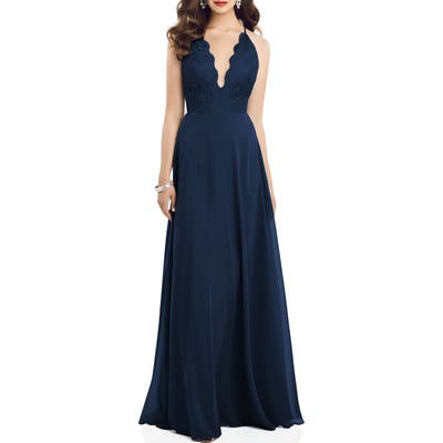 Dessy Collection Plunge Neck Lace & Chiffon Gown, Blue