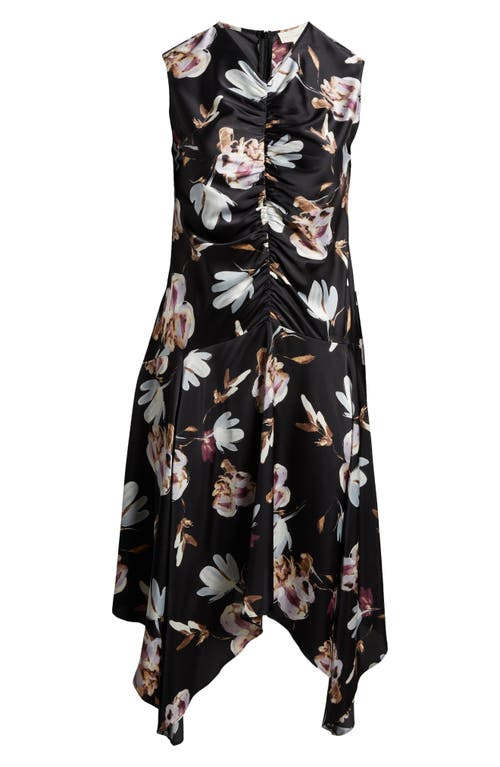 Melloday Ruched Handkerchief Satin Midi Dress In Black Floral Multi Floral