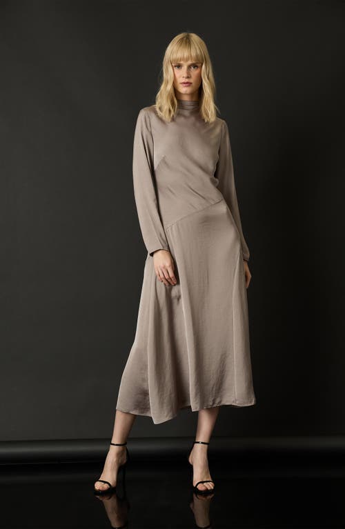 Shop Luxely Funnel Neck Long Sleeve Midi Dress In Taupe Gray