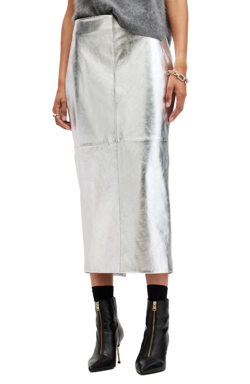 Shop Allsaints Renai Metallic Leather Midi Skirt In Silver