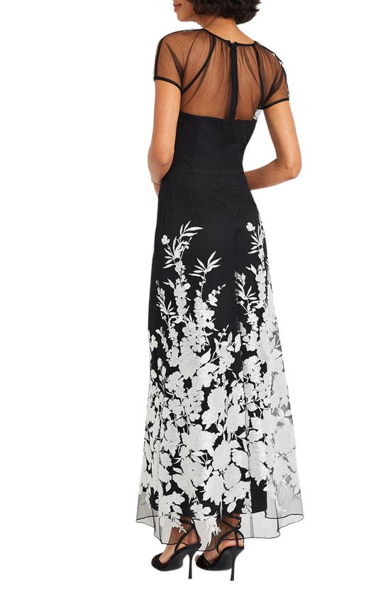 Maggy London Floral Appliqué Detail Mesh Gown In Black/ Silver