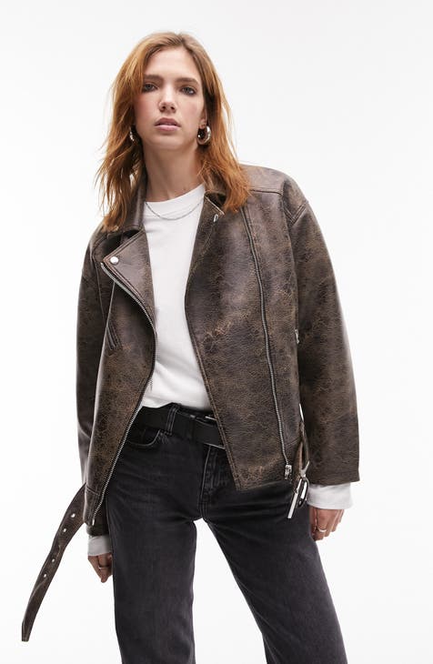Topshop Petite faux leather borg sherpa lined biker jacket in brown