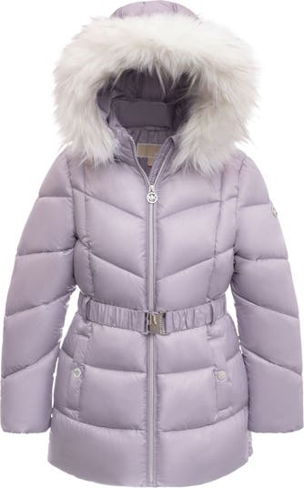 Michael Kors Kids' Faux Fur Trim Hooded Belted Puffer Jacket