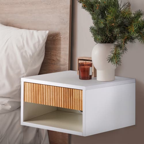 Jonathan Y Elise Classic Contemporary Floating Wall Mounted Nightstand With Soft-close Tambour Drawe In White/light Oak