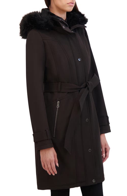 Shop Kenneth Cole Belted Faux Fur Trim Hooded Coat In Black