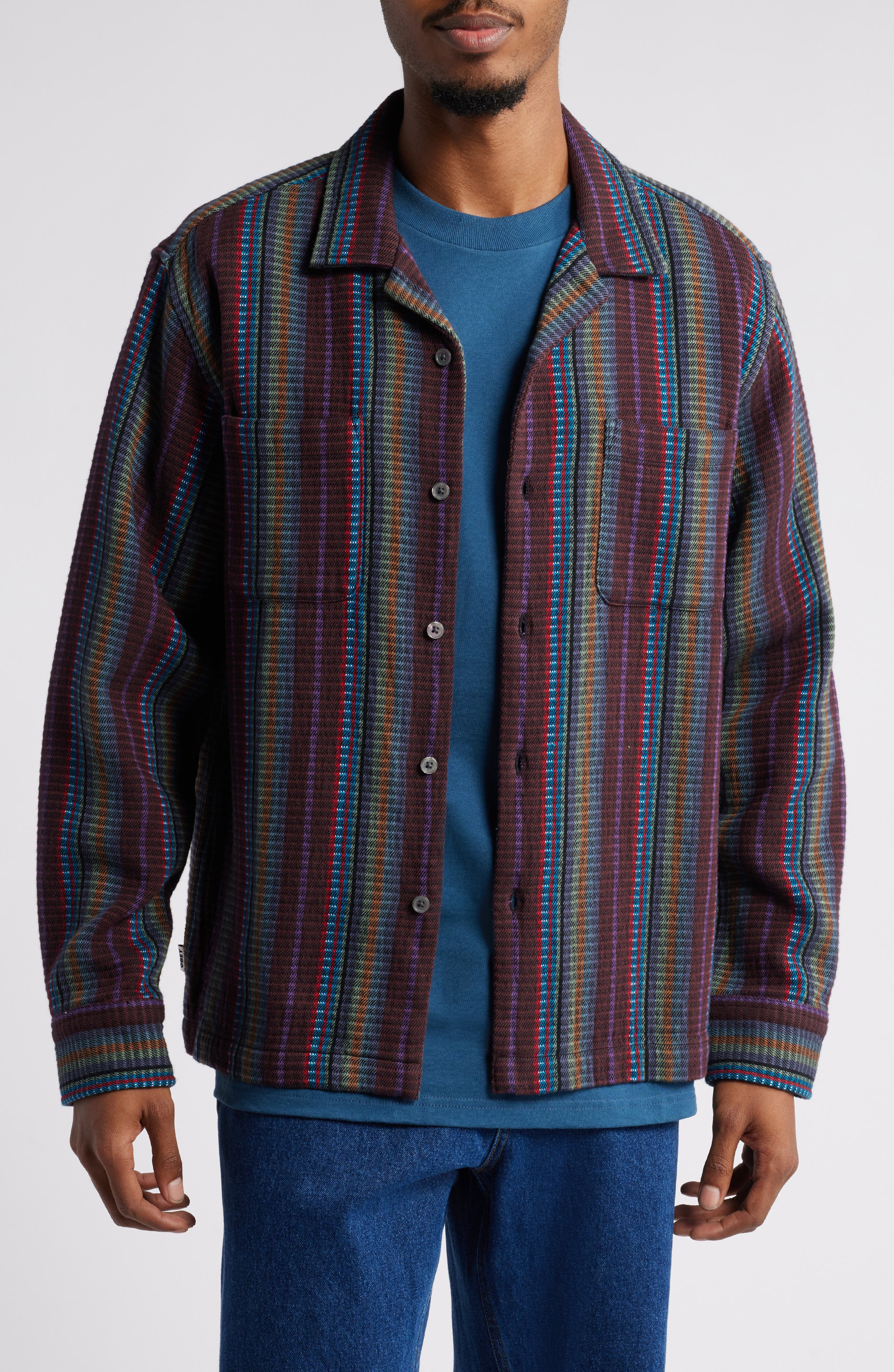Obey Wanderer Stripe Long Sleeve Camp Shirt in Sepia Multi 