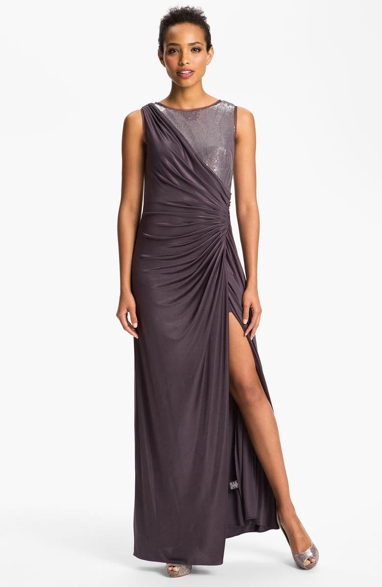 Adrianna Papell Ruched Mixed Media Gown | Nordstrom