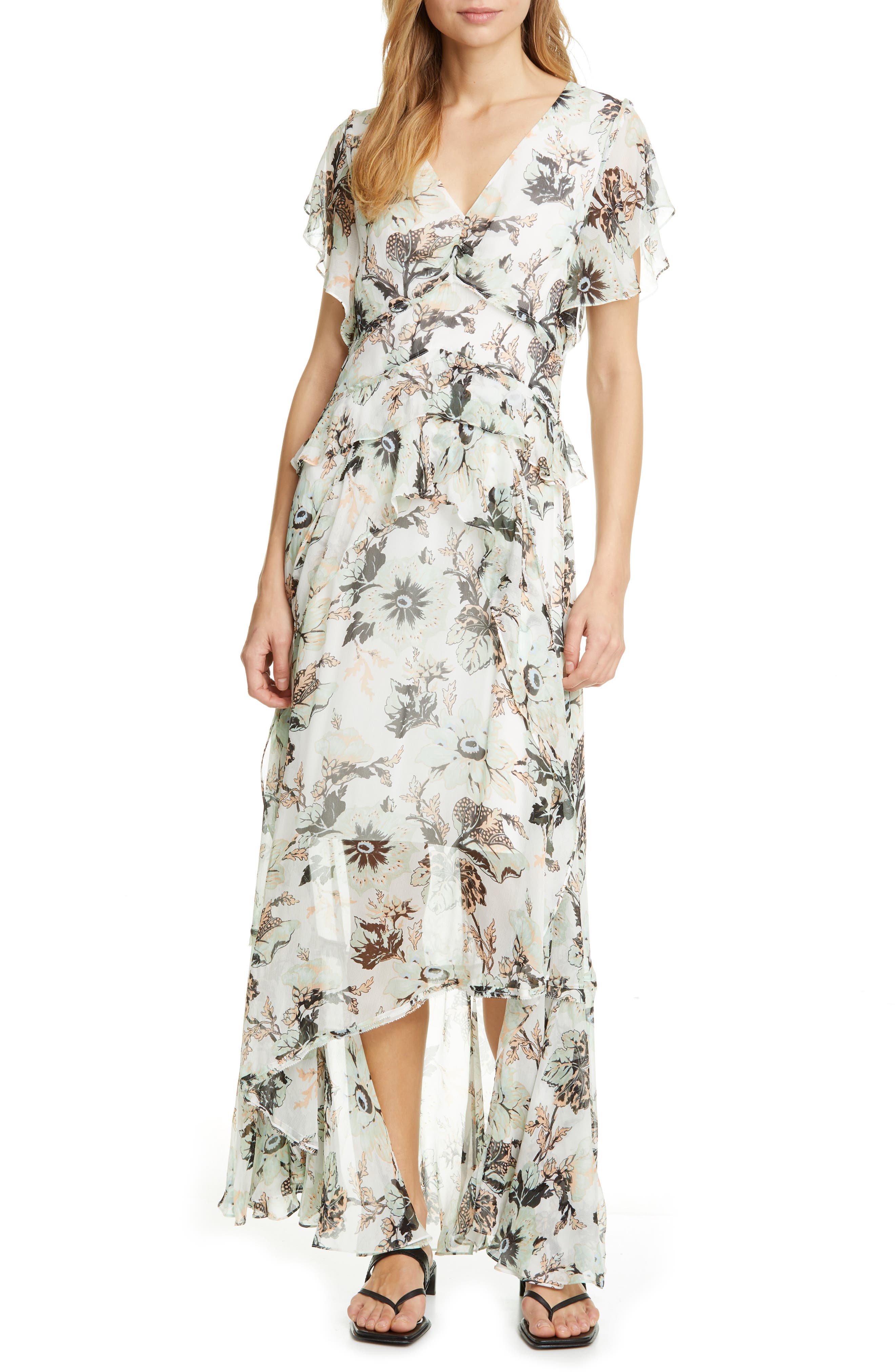 dvf ruffle sleeve high low maxi dress