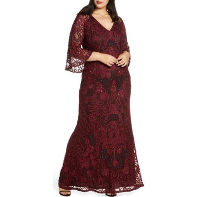 Plus Size Js Collections Bell Sleeve Bead & Soutache Gown, Red