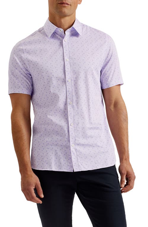 Ted Baker London Barhill Geometric Print Stretch Short Sleeve Button-Up Shirt Lilac at Nordstrom,