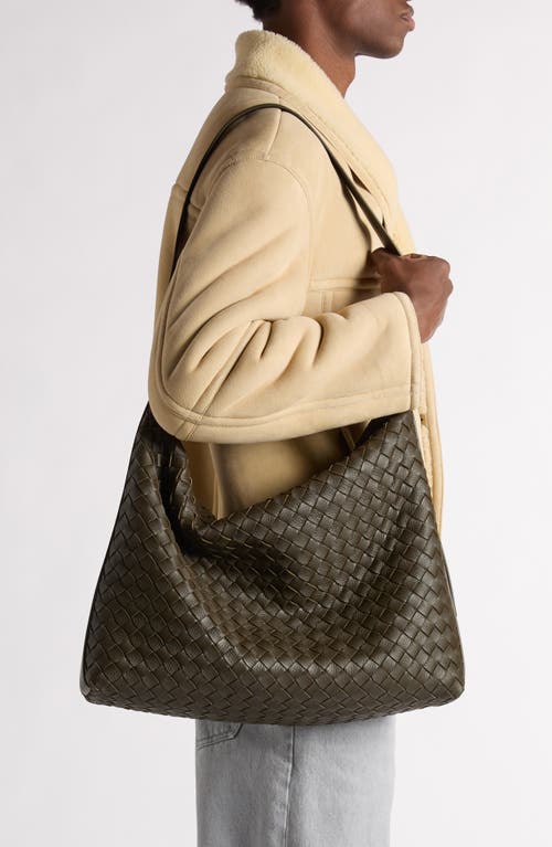 Shop Bottega Veneta Medium Intrecciato Traveller Hobo Bag In 3386 Kaki/silver