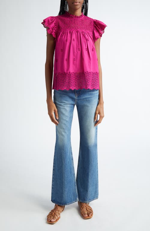 Shop Ulla Johnson Kassi Eyelet Flutter Sleeve Cotton Top In Ruby