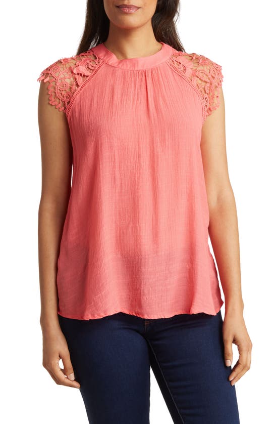 Forgotten Grace Crochet Cap Sleeve Blouse In Coral