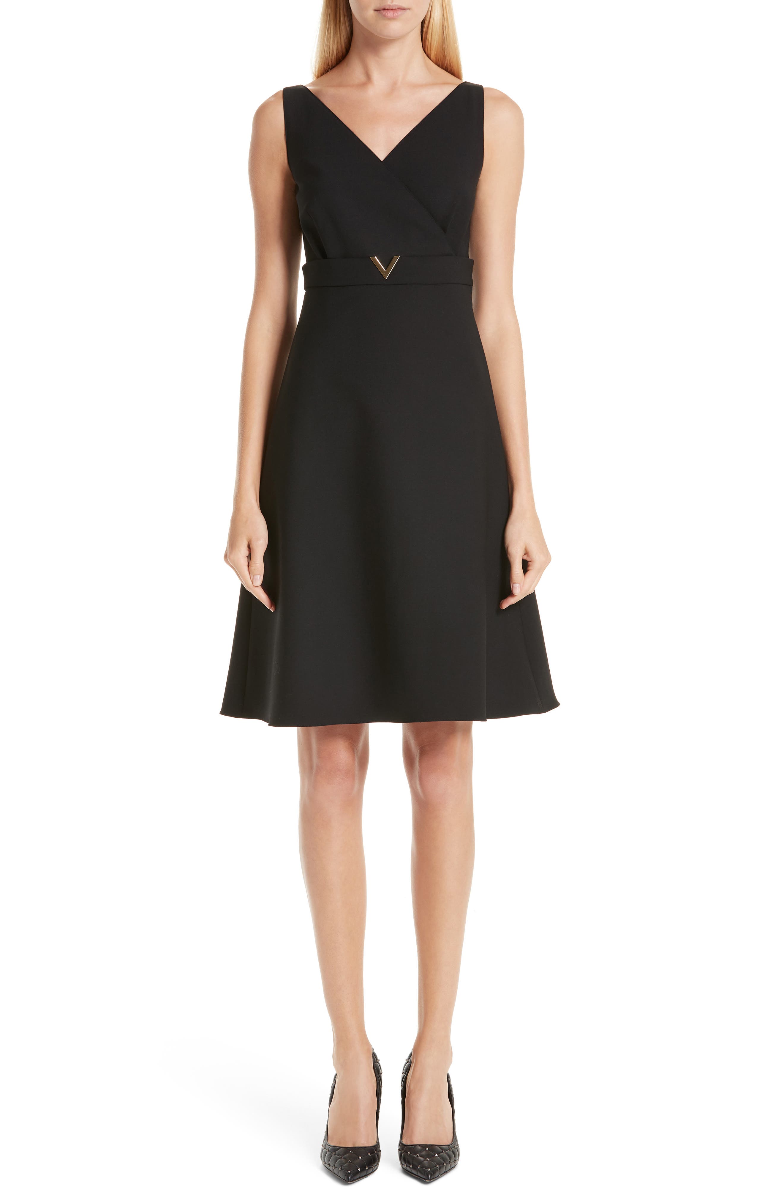 Valentino V-Hardware Double Crepe Dress, Black
