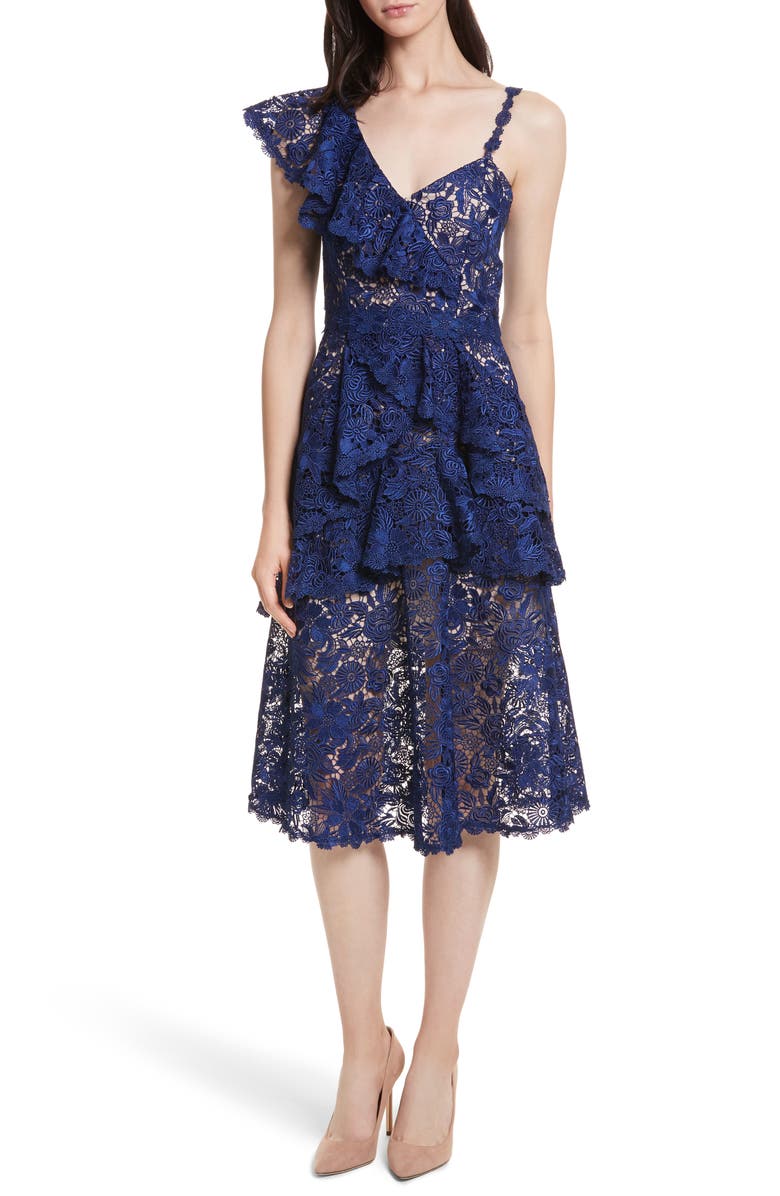 Alice + Olivia Florrie Ruffled Lace Midi Dress | Nordstrom
