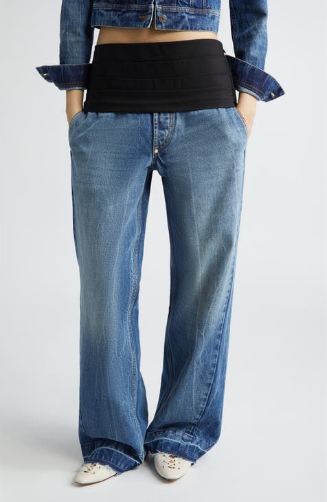 Cummerbund Detail Nonstretch Denim Wide Leg Jeans
