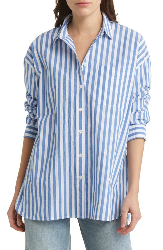Madewell The Signature Poplin Springy Stripe Oversize Button-up Shirt In Hermitage Blue