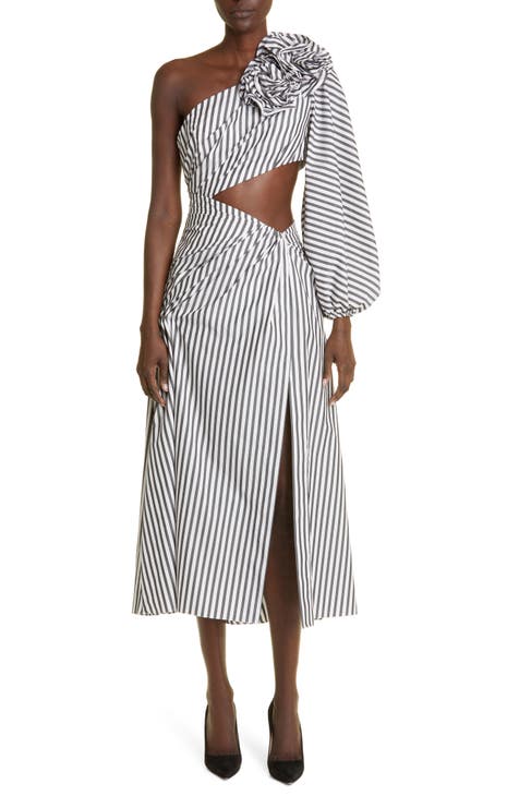 Stripe Cutout One-Shoulder Cotton Gown