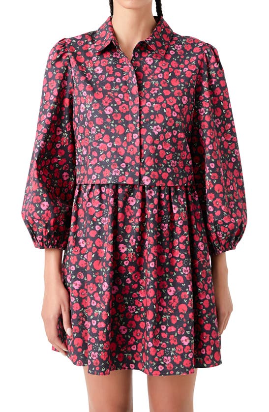 Shop English Factory Floral Mini Shirtdress In Black/ Pink/ Red