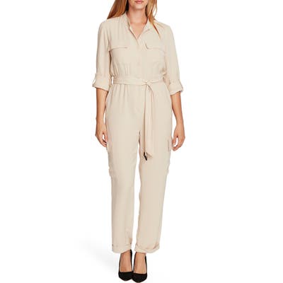 Vince Camuto Roll Tab Rumpled Twill Cargo Jumpsuit, Beige