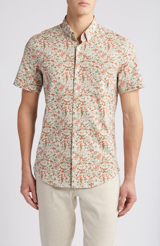Shop Nordstrom Trim Fit Floral Short Sleeve Stretch Cotton & Linen Button-down Shirt In Grey Owl Floral Ditsy
