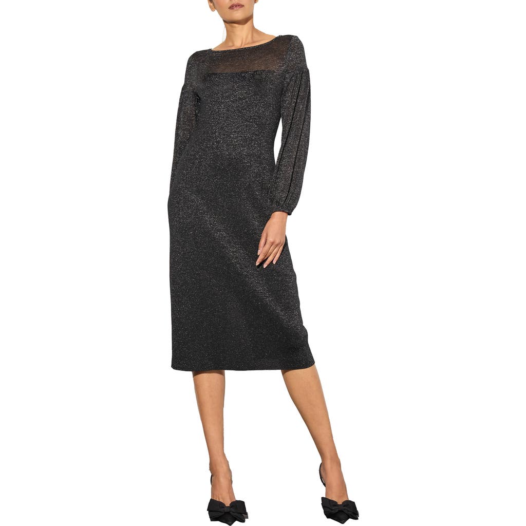 Ming Wang Metallic Long Sleeve Sheath Dress in Black/Gunmetal