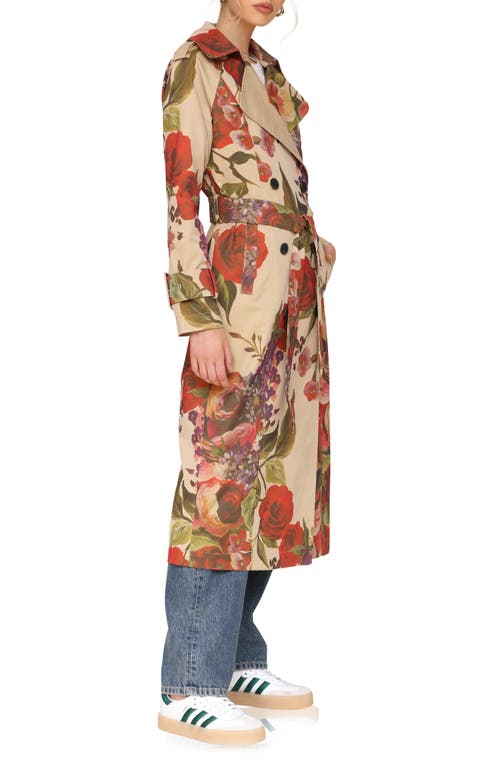 Shop Avec Les Filles Rose Print Belted Double Breasted Cotton Blend Trench Coat In Tan Portofino Rose