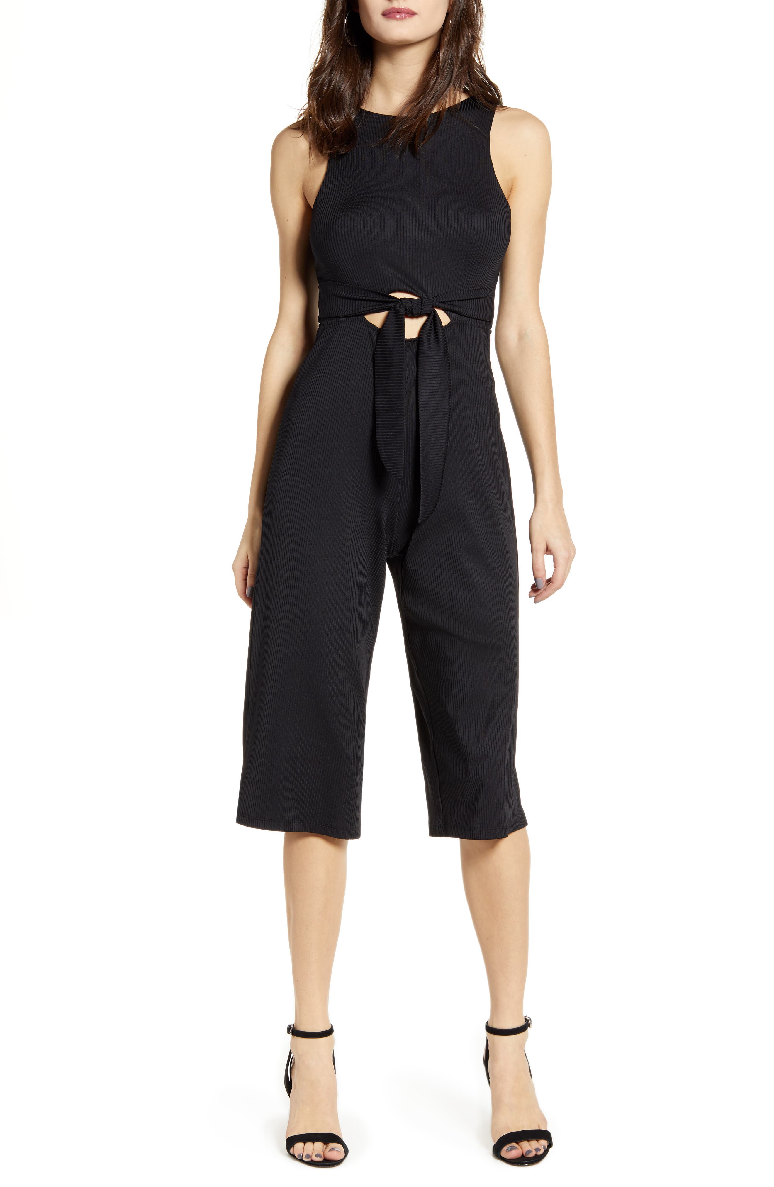 Leith Sleeveless Ribbed Cutout Jumpsuit, Black