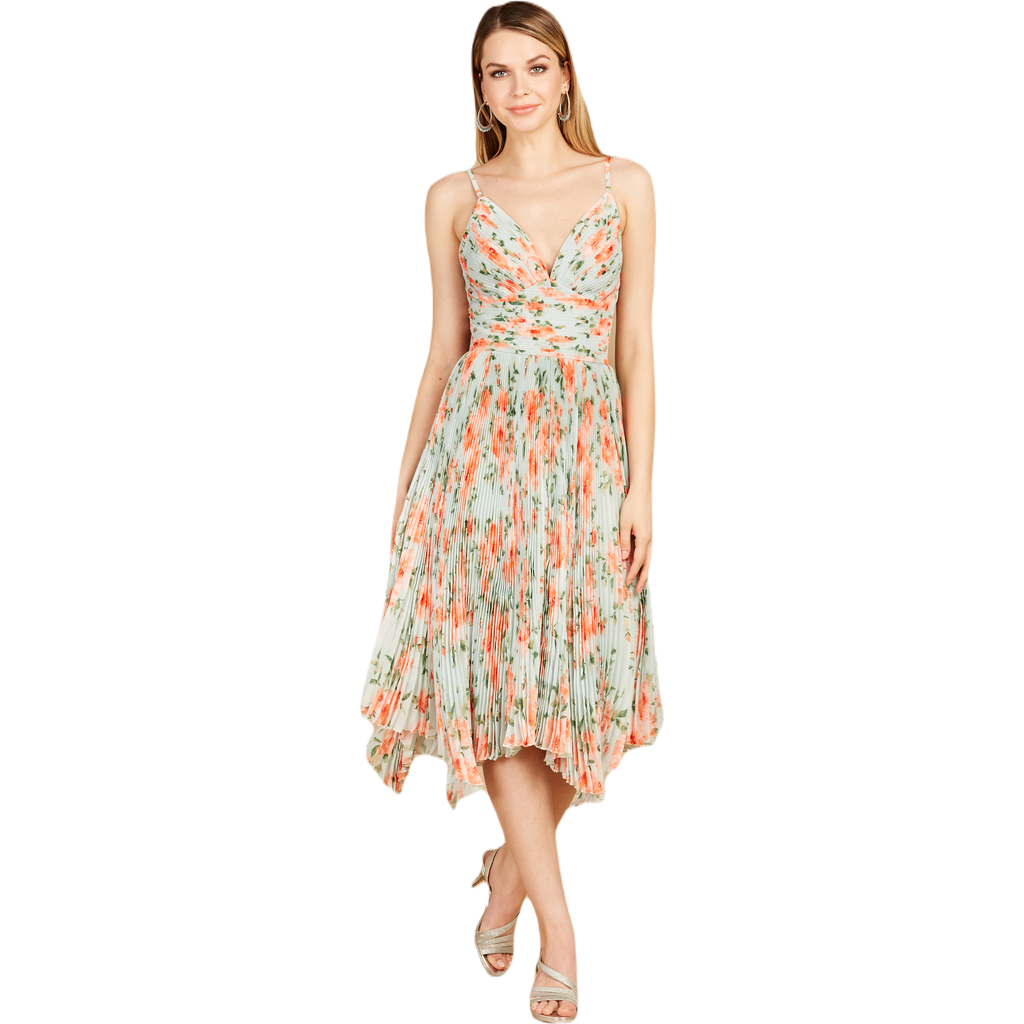 Lara New York V-neck Printed Midi Length Dress With Pleats In Mint