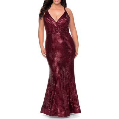 Plus Size La Femme Faux Wrap Sequin Trumpet Gown, Burgundy