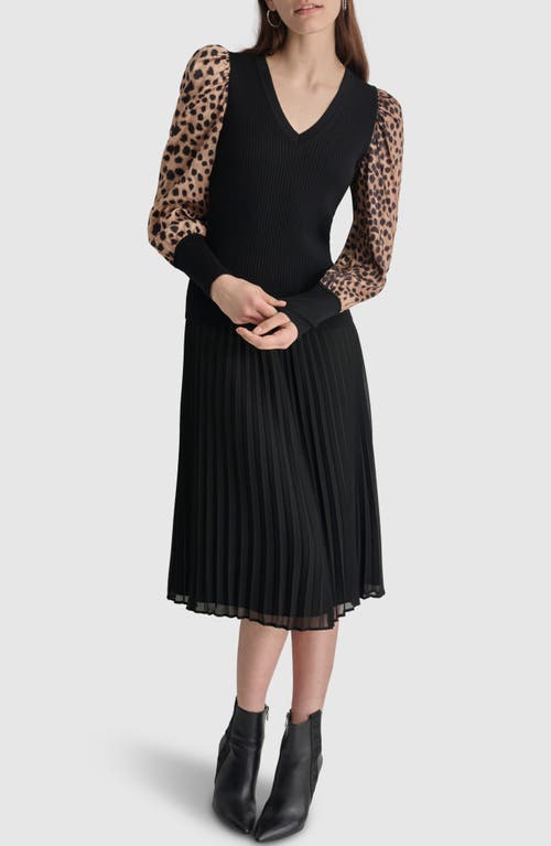 Shop Dkny Rib Puff Shoulder Sweater In Black/cheetah Repeat