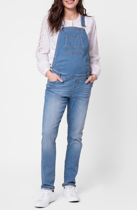 Shop Seraphine Denim Maternity Overalls In Light Blue