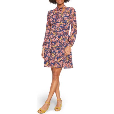 Modcloth Tie-Neck Long Sleeve A-Line Dress, Blue