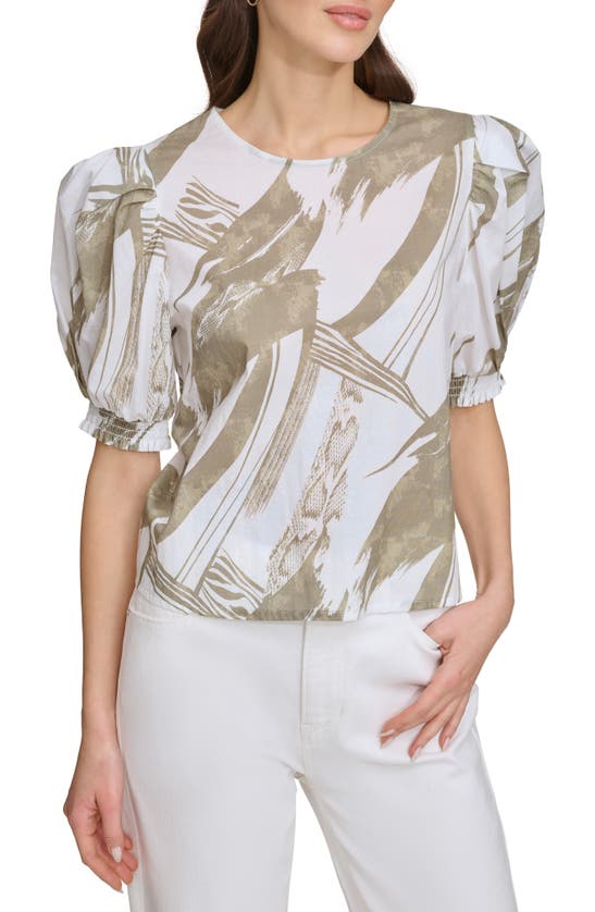 Shop Dkny Abstract Print Puff Sleeve Voile Top In Abs Brshstk/ Lt Fat