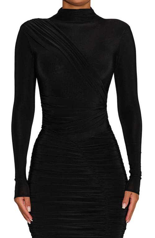 Naked Wardrobe Drama Ruched Long Sleeve Ribbed Body-Con Bodysuit Black at Nordstrom,