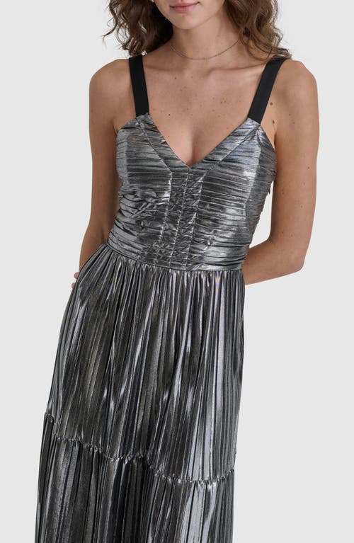 Shop Dkny Foil Plissé Sleeveless Maxi Dress In Silver