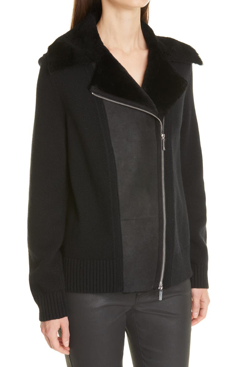 Lafayette 148 New York Genuine Shearling Trim Knit Moto Jacket, Alternate, color, 