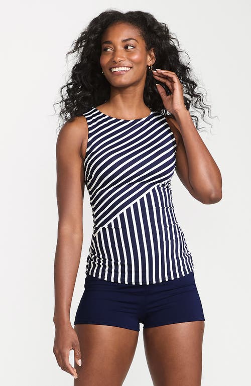 Shop Lands' End High Neck Upf 50 Modest Tankini Top Swimsuit In Deep Sea Mixed Diagonal Stripe