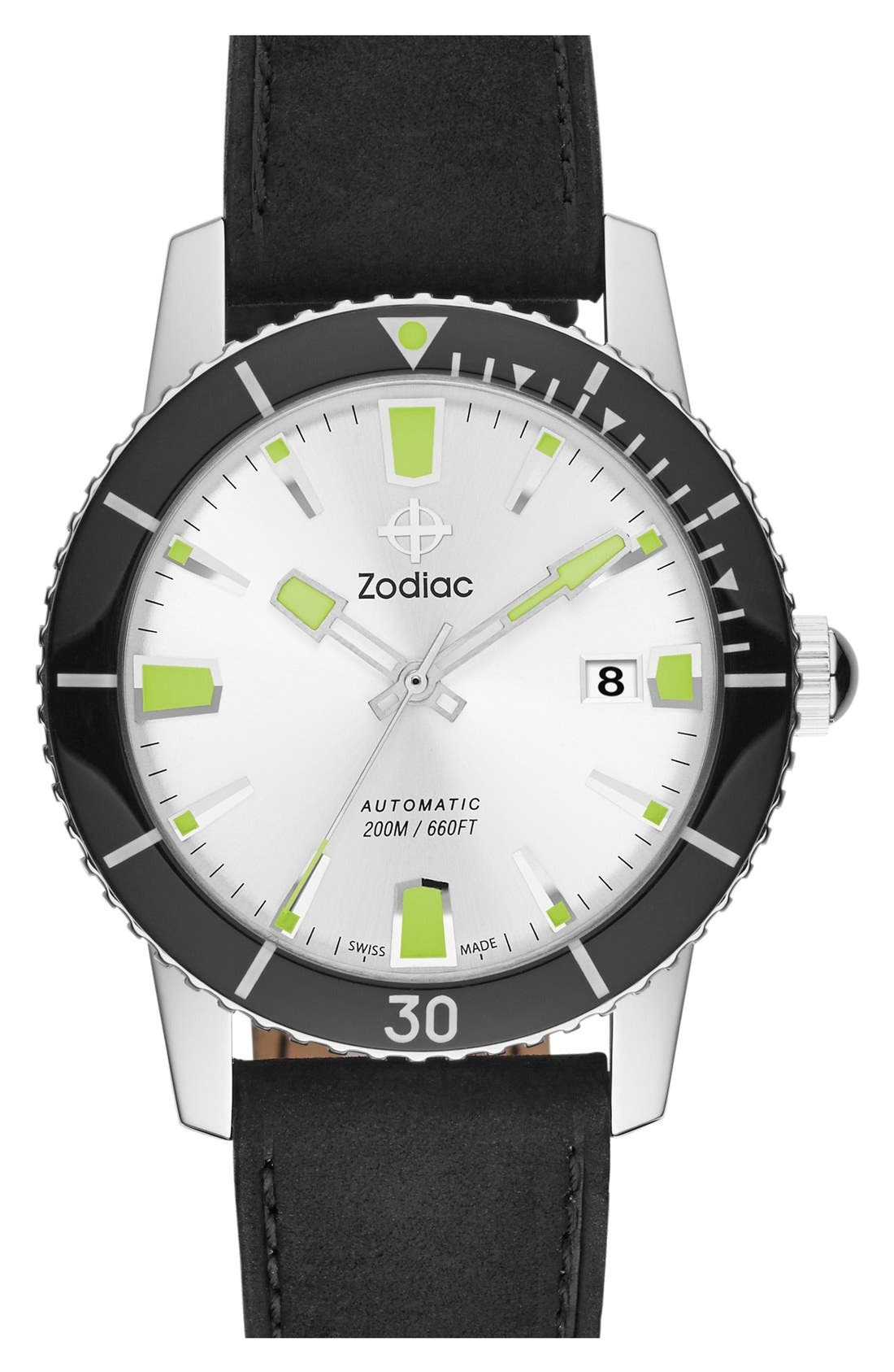 Zodiac 'Sea Wolf' Automatic Leather Strap Watch, 40mm Nordstrom