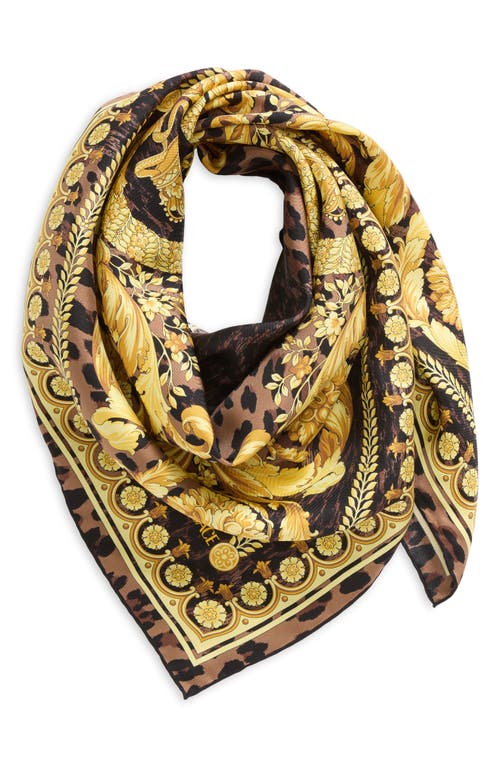 Shop Versace Leopard Print Silk Square Scarf In Chestnut Gold